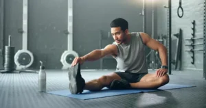 Athlete performing stretching and warm-up before exercise to improve flexibility and prevent muscle strain injuries.